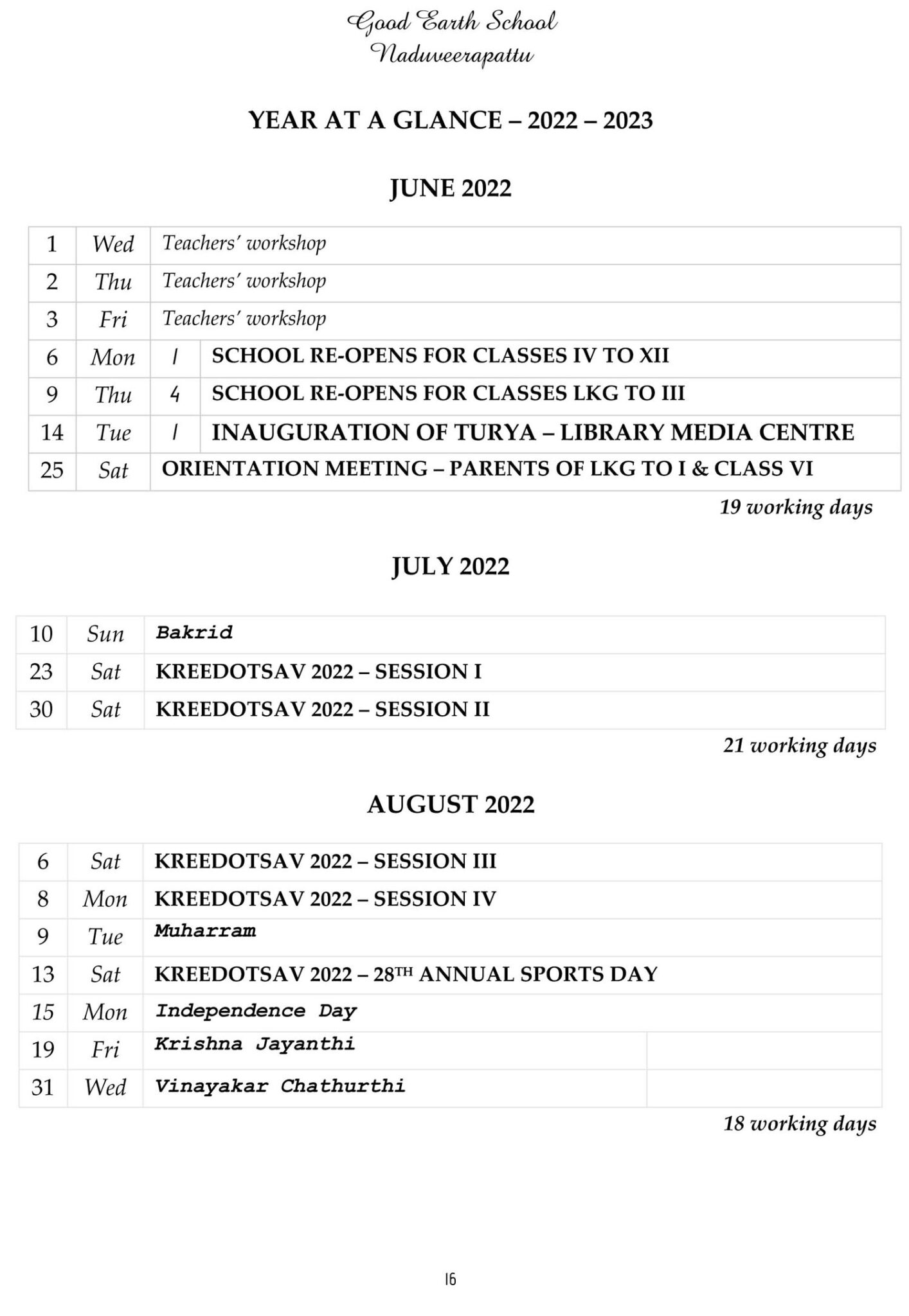 School Calendar Good Earth School