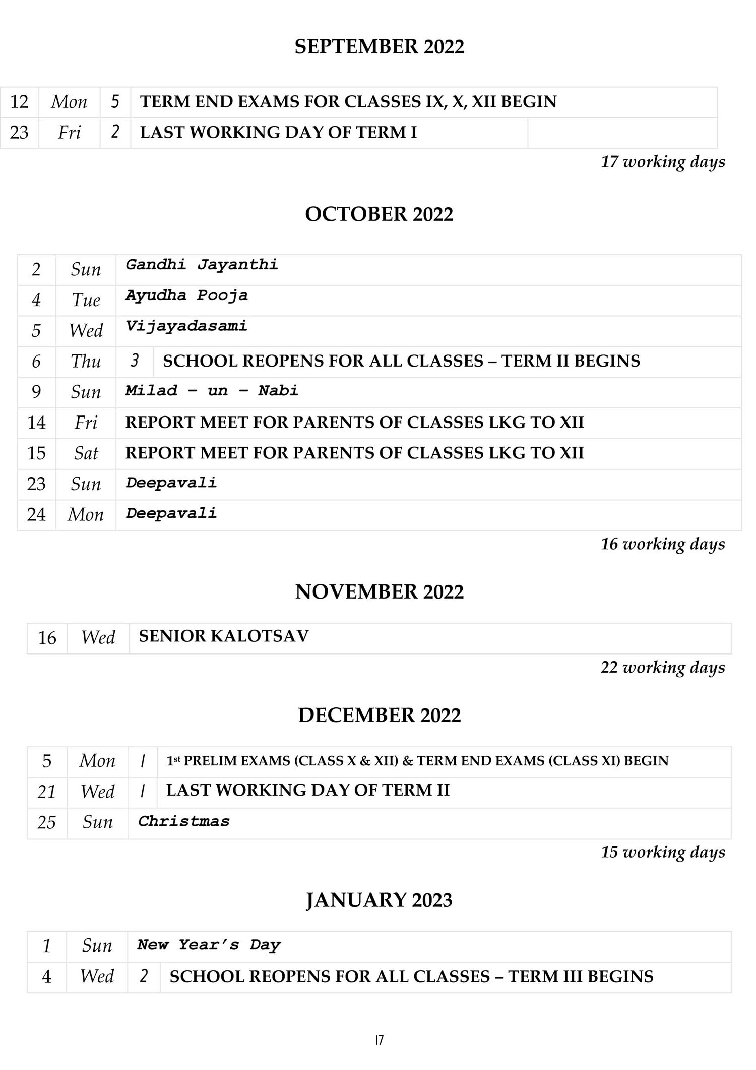School Calendar Good Earth School