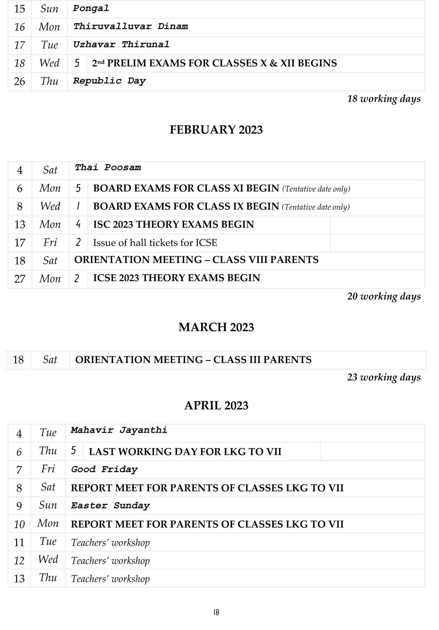 School Calendar Good Earth School