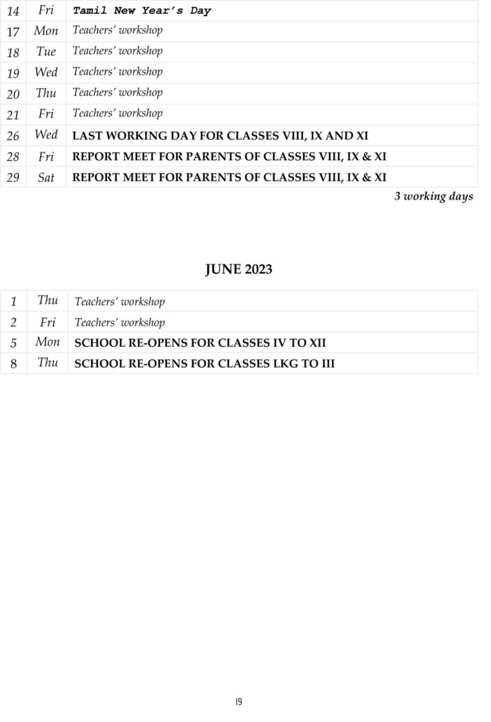 School Calendar Good Earth School